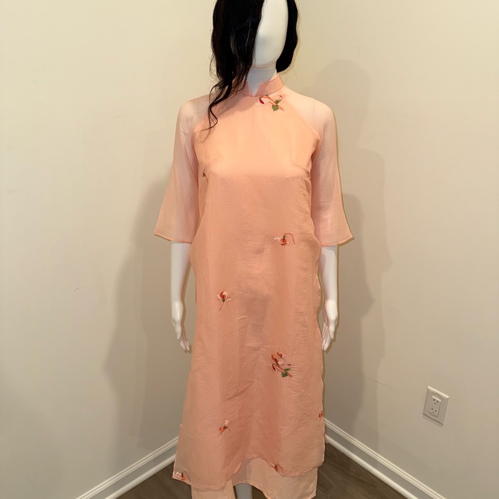 Traditional Vietnamese Peach Floral Ao Dai